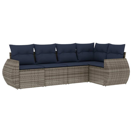 5-teiliges Gartensofa-Set mit Kissen, grau, Polyrattan