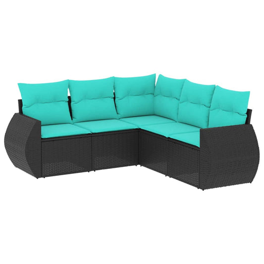 5-teiliges Gartensofa-Set mit Kissen, schwarzes Polyrattan