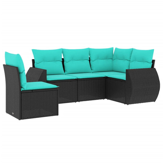 5-teiliges Gartensofa-Set mit Kissen, schwarzes Polyrattan