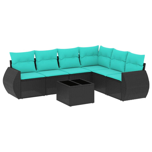7-teiliges Gartensofa-Set mit Kissen, schwarzes Polyrattan