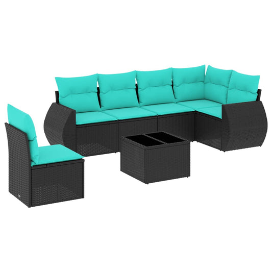 7-teiliges Gartensofa-Set mit Kissen, schwarzes Polyrattan