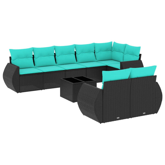 9-teiliges Gartensofa-Set mit Kissen, schwarzes Polyrattan