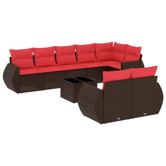 9-teiliges Gartensofa-Set mit Kissen, braun, Polyrattan