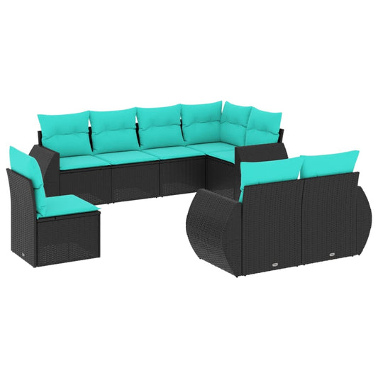 8-teiliges Gartensofa-Set mit Kissen, schwarzes Polyrattan