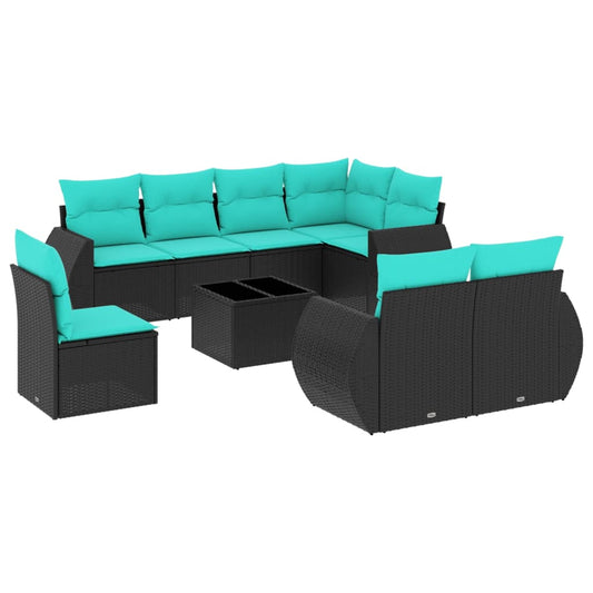 9-teiliges Gartensofa-Set mit Kissen, schwarzes Polyrattan