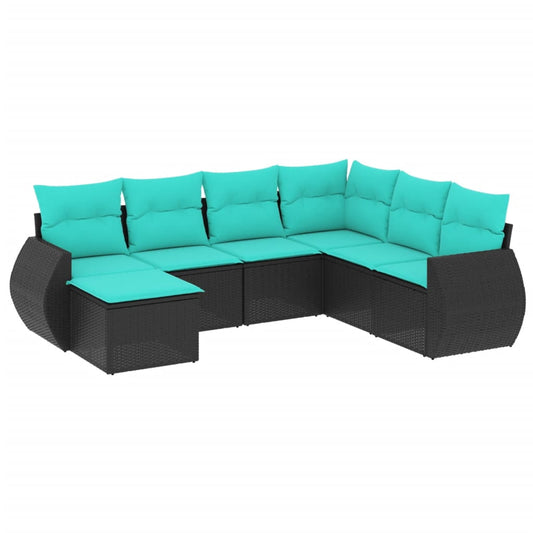 7-teiliges Gartensofa-Set mit Kissen, schwarzes Polyrattan