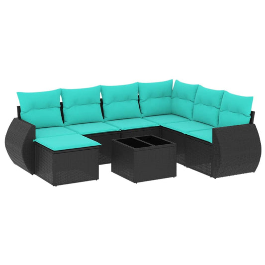 8-teiliges Gartensofa-Set mit Kissen, schwarzes Polyrattan