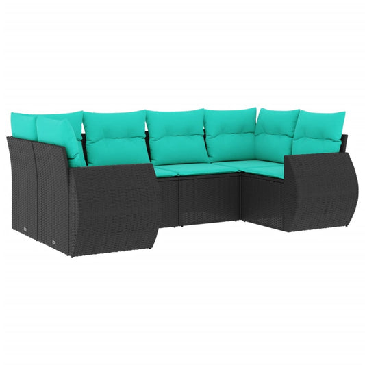 6-teiliges Gartensofa-Set mit Kissen, schwarzes Polyrattan