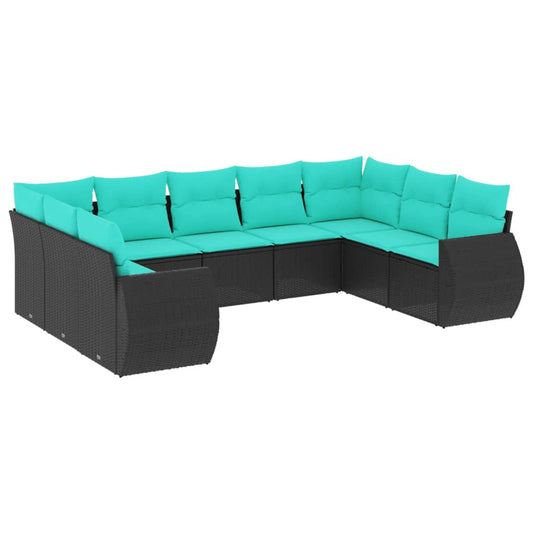 9-teiliges Gartensofa-Set mit Kissen, schwarzes Polyrattan
