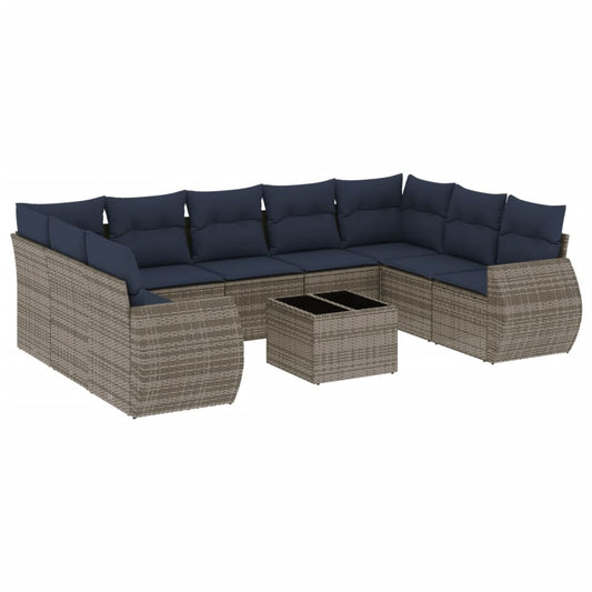 10-teiliges Gartensofa-Set mit Kissen, grau, Polyrattan