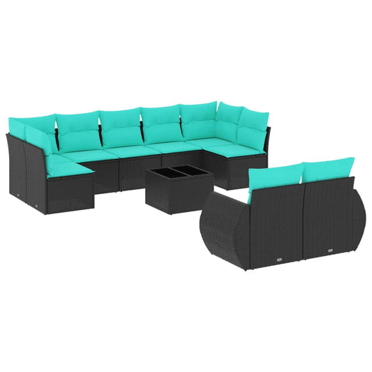 10-teiliges Gartensofa-Set mit Kissen, schwarzes Polyrattan