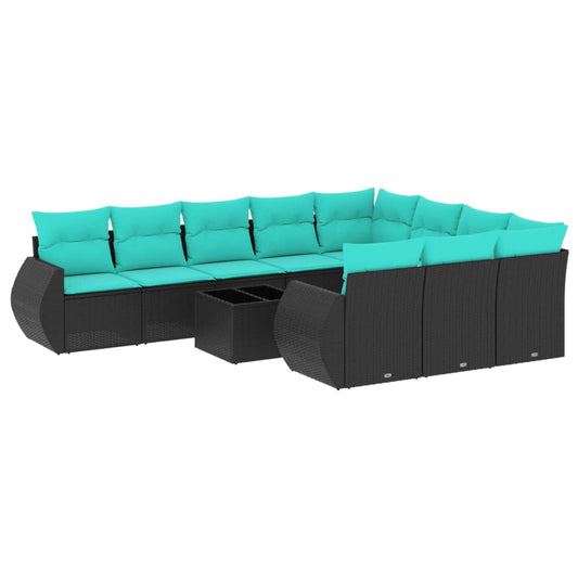 11-teiliges Gartensofa-Set mit Kissen, schwarzes Polyrattan