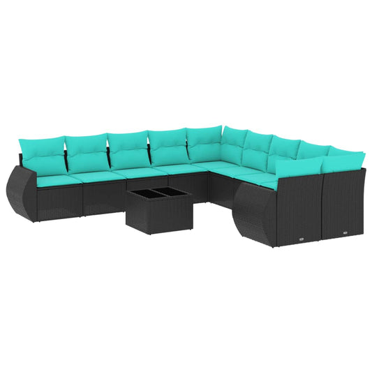 11-teiliges Gartensofa-Set mit Kissen, schwarzes Polyrattan
