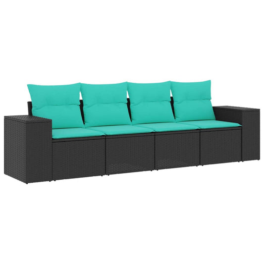 4-teiliges Gartensofa-Set mit Kissen, schwarzes Polyrattan
