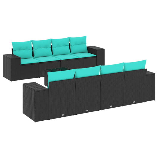 9-teiliges Gartensofa-Set mit Kissen, schwarzes Polyrattan