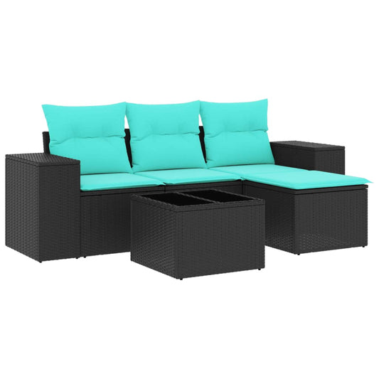 5-teiliges Gartensofa-Set mit Kissen, schwarzes Polyrattan