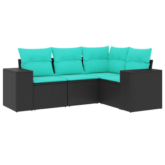 4-teiliges Gartensofa-Set mit Kissen, schwarzes Polyrattan