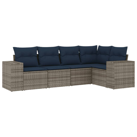 5-teiliges Gartensofa-Set mit Kissen, grau, Polyrattan