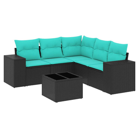 6-teiliges Gartensofa-Set mit Kissen, schwarzes Polyrattan