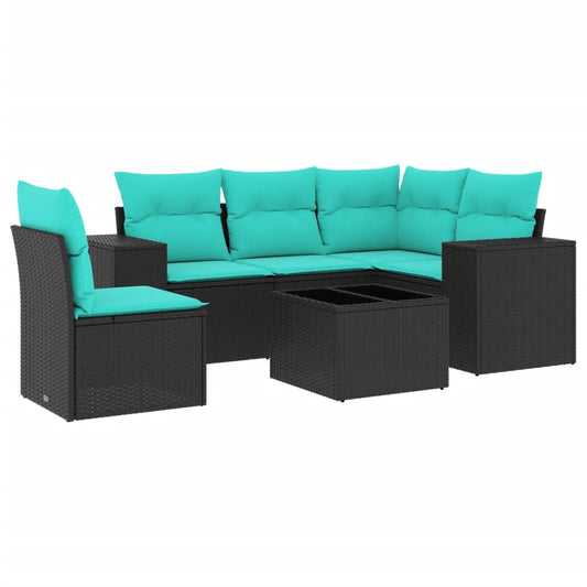 6-teiliges Gartensofa-Set mit Kissen, schwarzes Polyrattan
