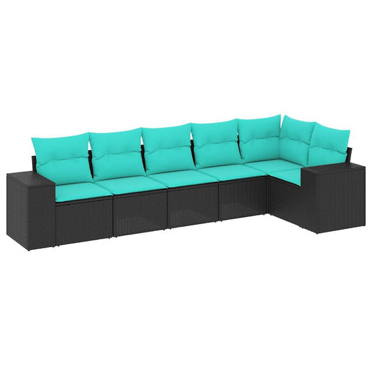 6-teiliges Gartensofa-Set mit Kissen, schwarzes Polyrattan