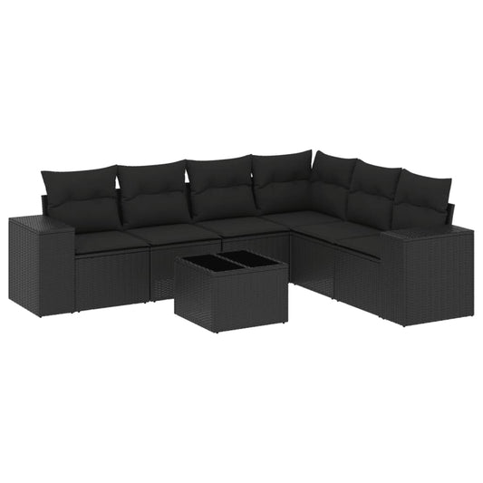 7-tlg. Garten-Sofagarnitur mit Kissen Schwarz Poly Rattan