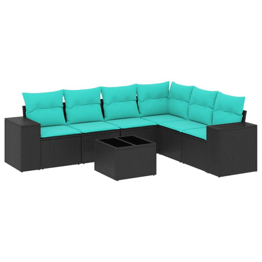 7-teiliges Gartensofa-Set mit Kissen, schwarzes Polyrattan