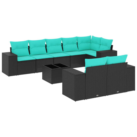 9-teiliges Gartensofa-Set mit Kissen, schwarzes Polyrattan