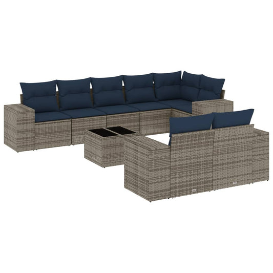 9-teiliges Gartensofa-Set mit Kissen, grau, Polyrattan