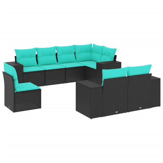 8-teiliges Gartensofa-Set mit Kissen, schwarzes Polyrattan