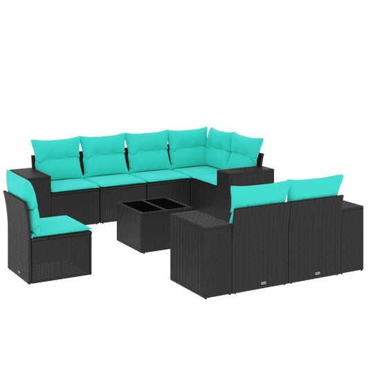 9-teiliges Gartensofa-Set mit Kissen, schwarzes Polyrattan