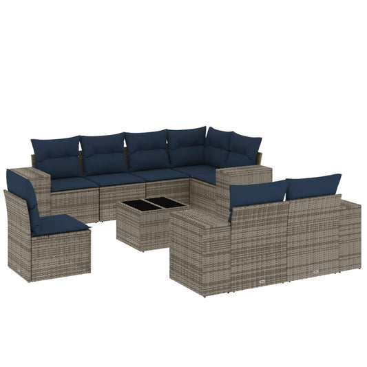9-teiliges Gartensofa-Set mit Kissen, grau, Polyrattan