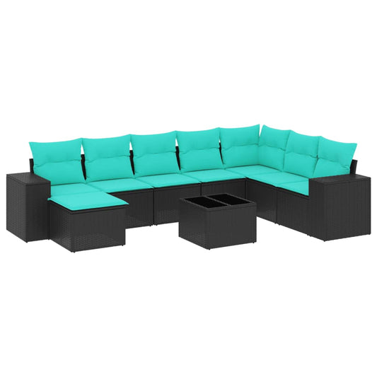 9-teiliges Gartensofa-Set mit Kissen, schwarzes Polyrattan