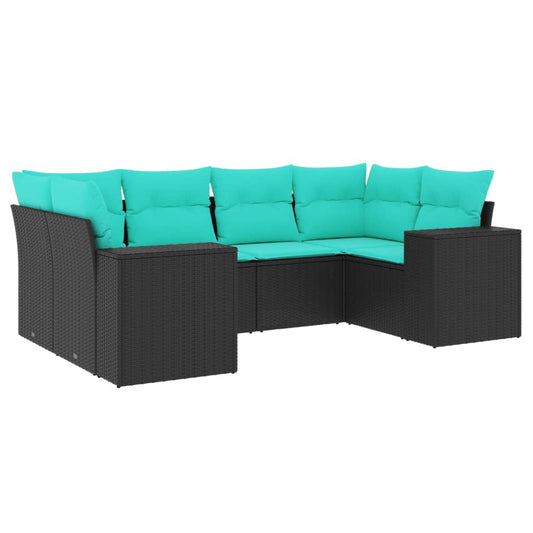 6-teiliges Gartensofa-Set mit Kissen, schwarzes Polyrattan
