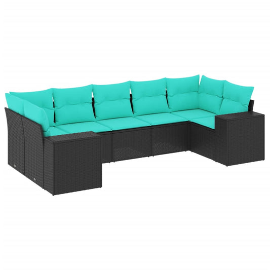 7-teiliges Gartensofa-Set mit Kissen, schwarzes Polyrattan