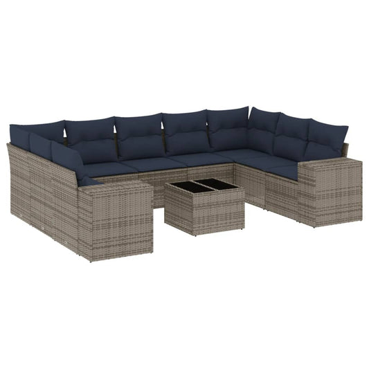 10-teiliges Gartensofa-Set mit Kissen, grau, Polyrattan