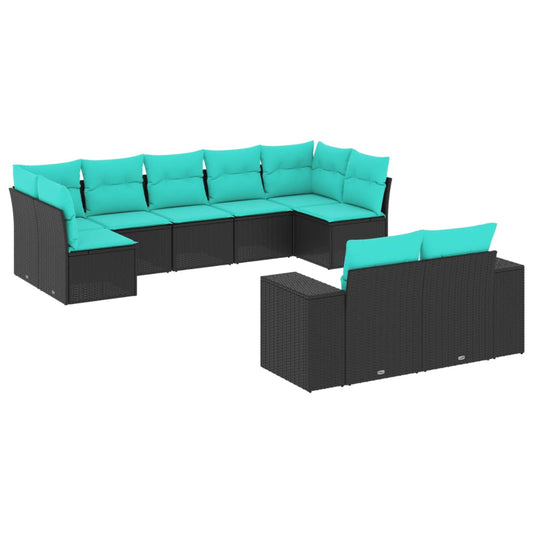9-teiliges Gartensofa-Set mit Kissen, schwarzes Polyrattan