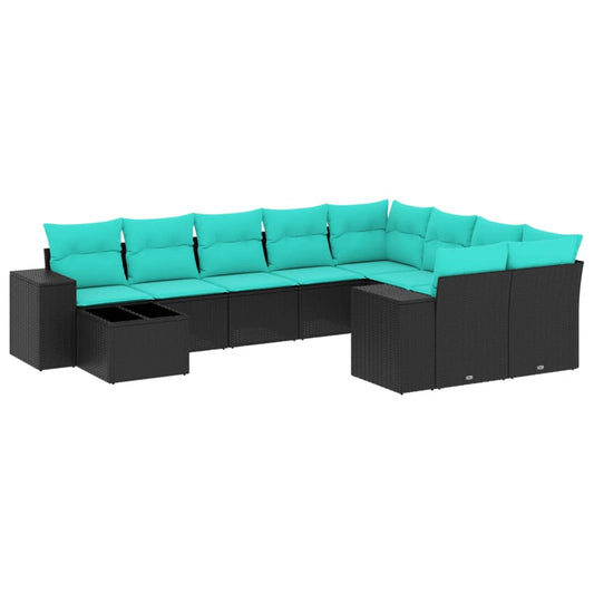10-teiliges Gartensofa-Set mit Kissen, schwarzes Polyrattan