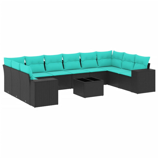 11-teiliges Gartensofa-Set mit Kissen, schwarzes Polyrattan