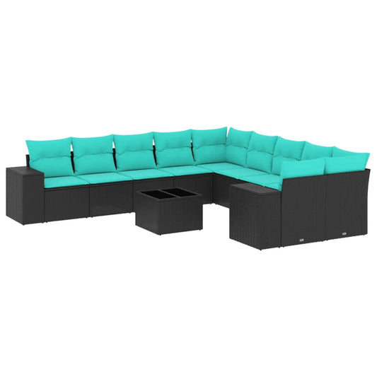 11-teiliges Gartensofa-Set mit Kissen, schwarzes Polyrattan