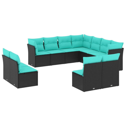 11-teiliges Gartensofa-Set mit Kissen, schwarzes Polyrattan