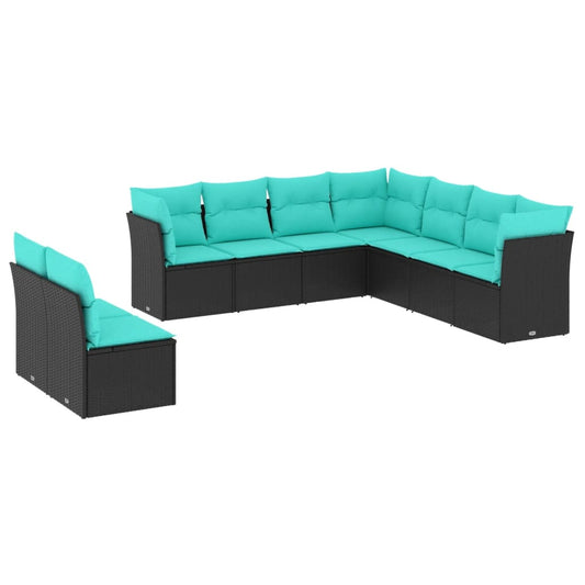 9-teiliges Gartensofa-Set mit Kissen, schwarzes Polyrattan