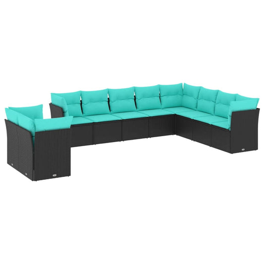 10-teiliges Gartensofa-Set mit Kissen, schwarzes Polyrattan