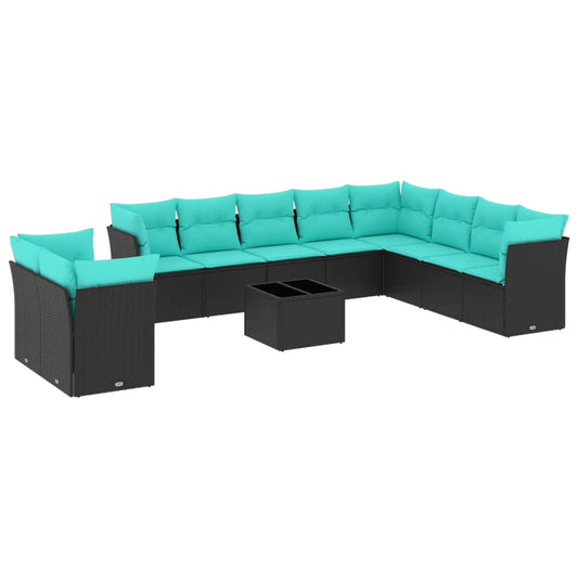 11-teiliges Gartensofa-Set mit Kissen, schwarzes Polyrattan