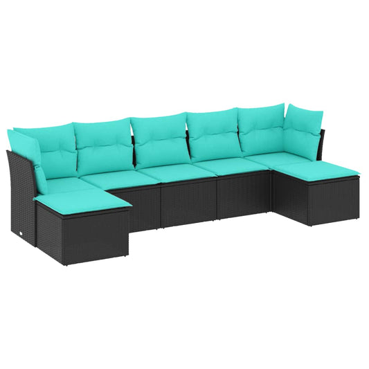 7-teiliges Gartensofa-Set mit Kissen, schwarzes Polyrattan