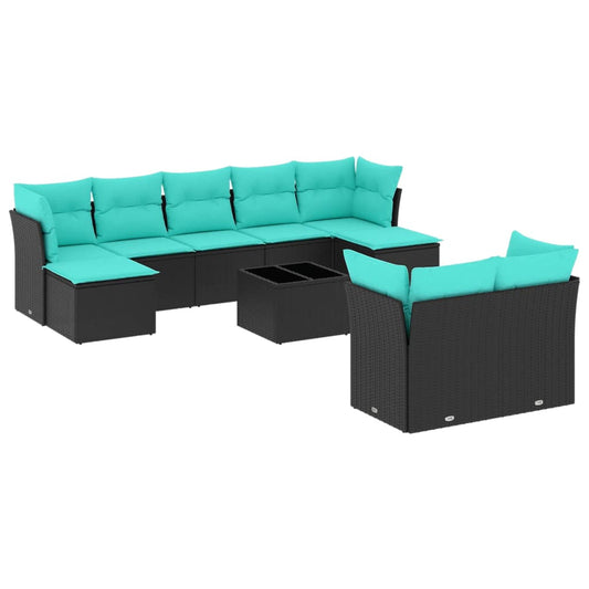 10-teiliges Gartensofa-Set mit Kissen, schwarzes Polyrattan
