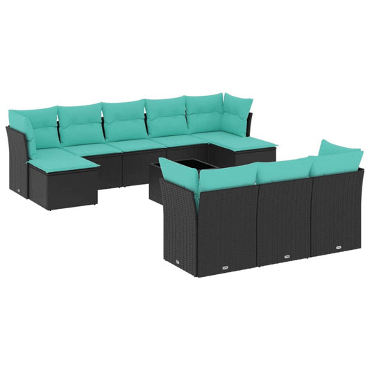 11-teiliges Gartensofa-Set mit Kissen, schwarzes Polyrattan