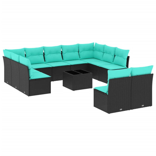 12-teiliges Gartensofa-Set mit Kissen, schwarzes Polyrattan