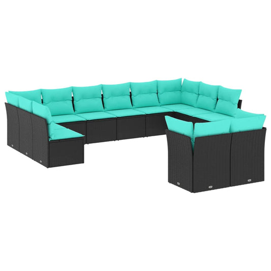 12-teiliges Gartensofa-Set mit Kissen, schwarzes Polyrattan