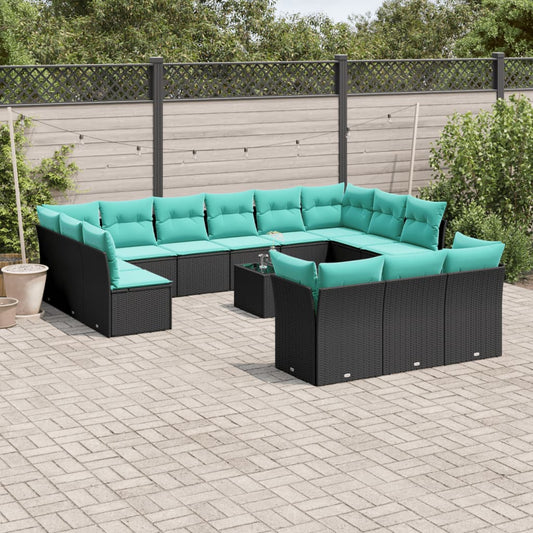 14-teiliges Gartensofa-Set mit Kissen, schwarzes Polyrattan